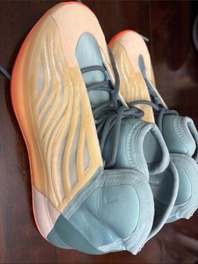 Yeezy  Teal and Beige Athletic Sneakers with Coral Sole